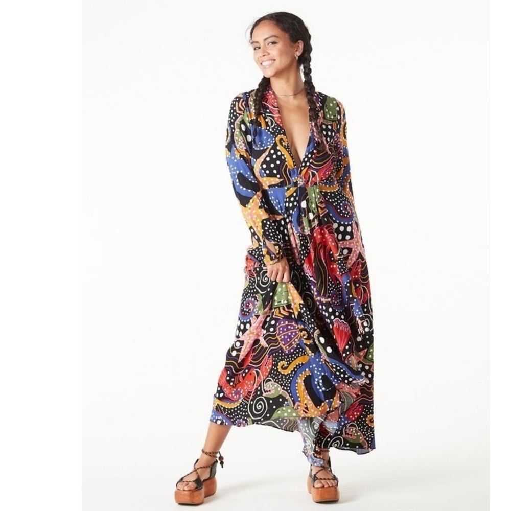 FARM Rio Under The Sea Deep V-Neck Long Sleeve Maxi Dress - Small